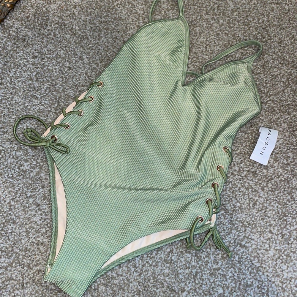 Olive green one-piece bikini tie up sides